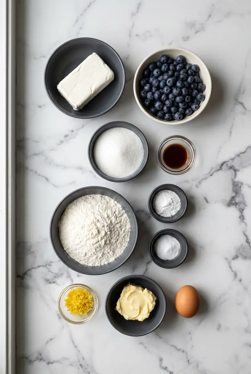 Ingredients for Blueberry Cheesecake Cookies including lemon zest, unsalted butter, and graham cracker crumbs.
