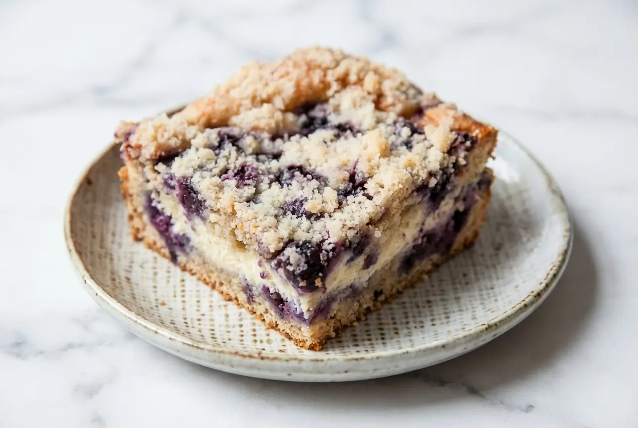 A slice of Blueberry Cream Cheese Coffee Cake with lemon-rubbed sugar, topped with toasted almond streusel and flaky sea salt.