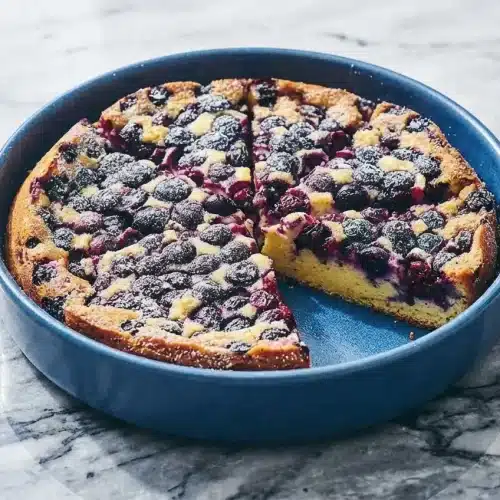 Blueberry ricotta breakfast cake with a brown butter and lemon zest infusion on a ceramic serving plate.