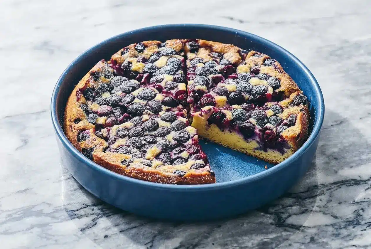 Blueberry ricotta breakfast cake with a brown butter and lemon zest infusion on a ceramic serving plate.