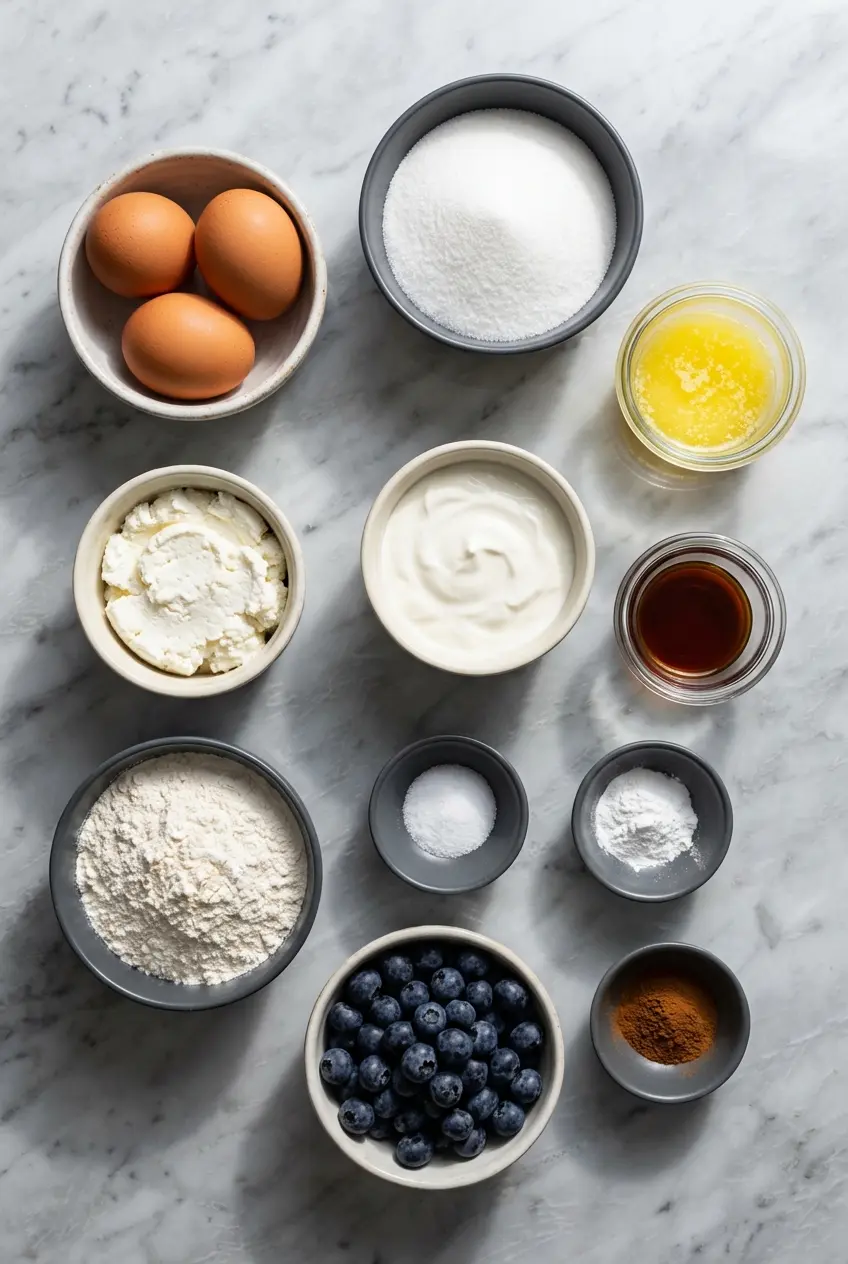 Flat lay of ingredients for blueberry ricotta breakfast cake including whole-milk ricotta, sour cream, and lemon zest.