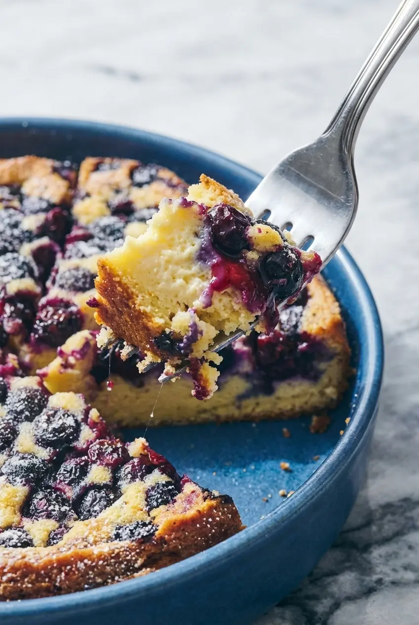 Close-up showing the moist custard-like texture and blueberry juices inside the blueberry ricotta breakfast cake.