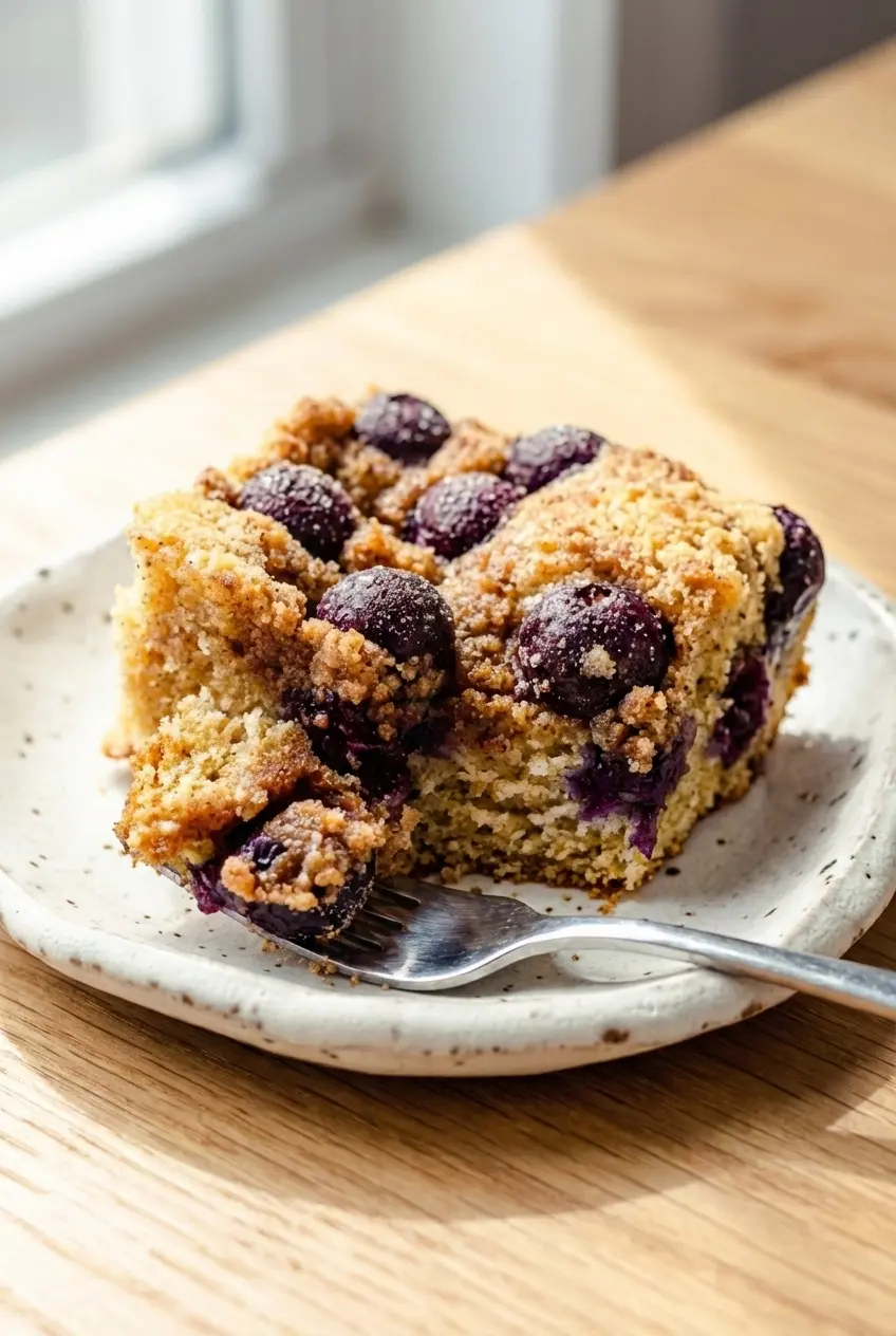 Close up of the moist crumb inside a blueberry sour cream coffee cake showing burst berries and streusel topping.