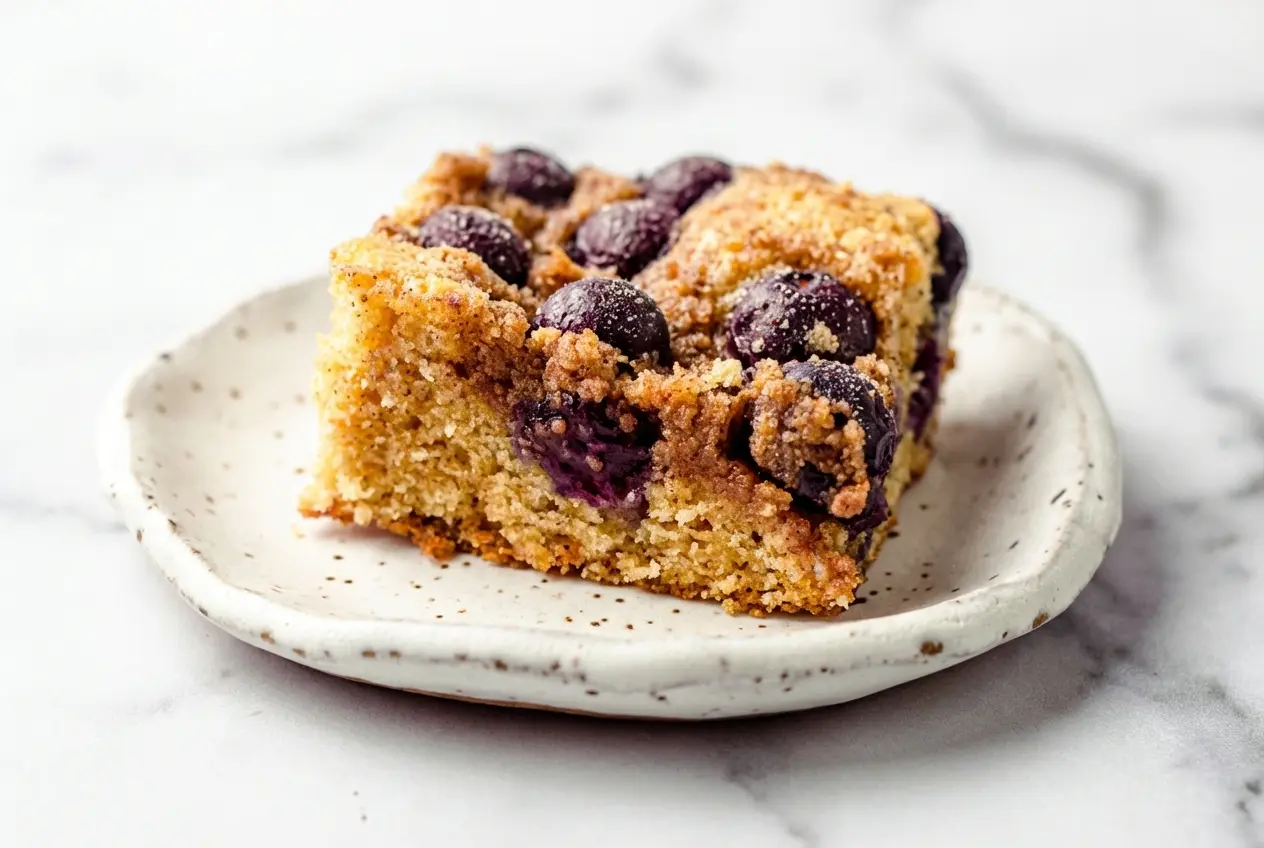 A slice of blueberry sour cream coffee cake topped with brown butter cardamom streusel next to fresh blueberries.