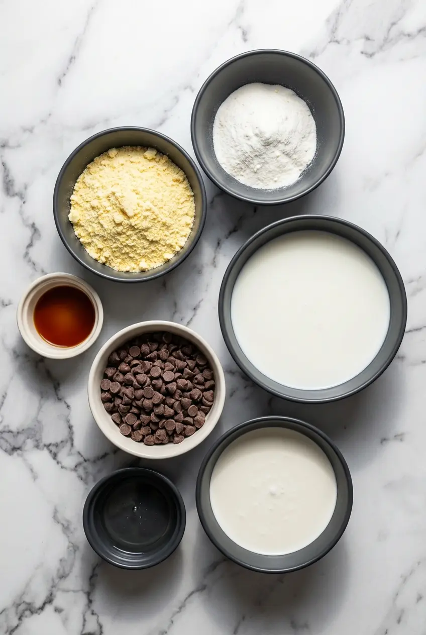 Ingredients for Boston Cream Poke Cake including yellow cake mix, instant vanilla pudding, and semi-sweet chocolate chips.