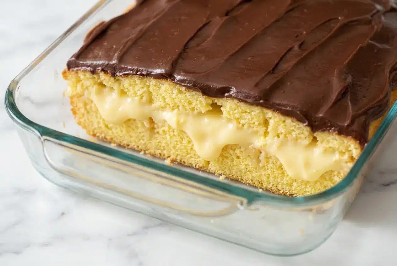 Boston Cream Poke Cake slice showing the vanilla bean milk soak and glossy, sea salt topped chocolate ganache.