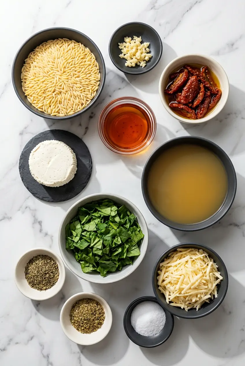 Raw ingredients for Boursin Orzo Bake including orzo pasta, Boursin cheese, sun-dried tomatoes, and vegetable stock.