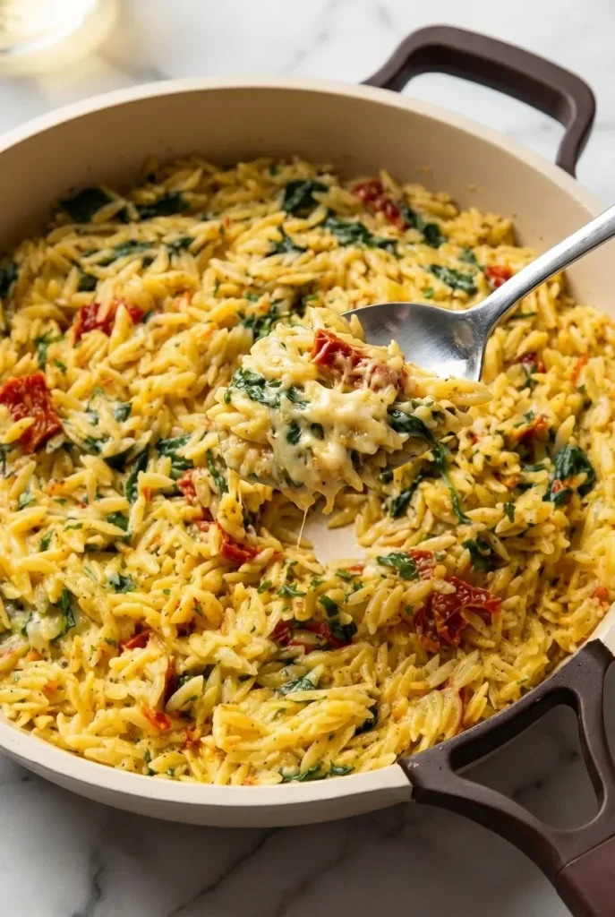 Close-up of the perfectly golden crust on a creamy Boursin Orzo Bake highlighting the savory Maillard reaction.