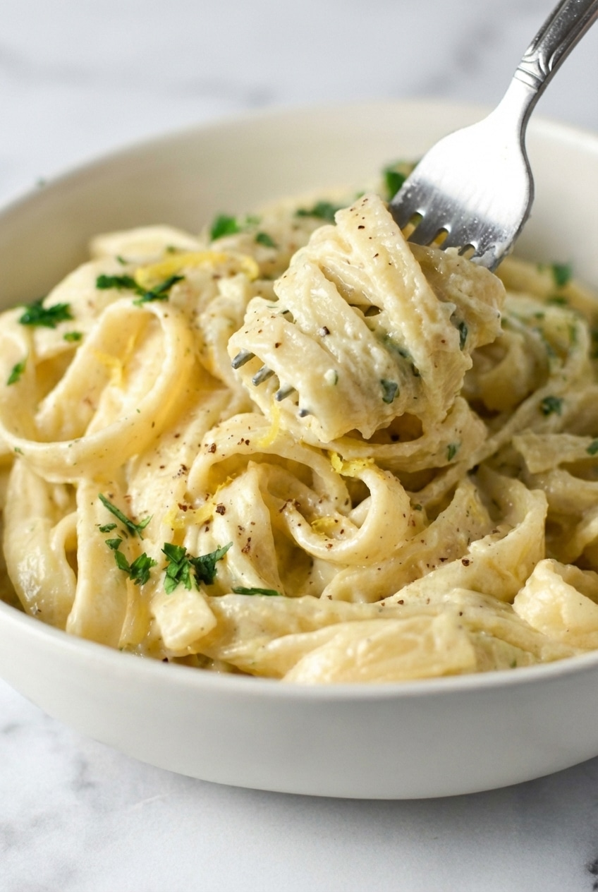 Whisking starchy pasta water into herb-infused cheese for a silky boursin pasta sauce emulsification.