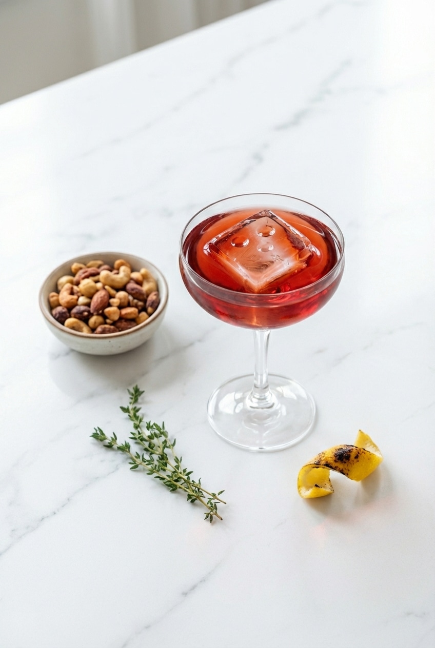 Two coupe glasses filled with the Broken Plane Cocktail, ready to be enjoyed during an elegant evening aperitivo hour.
