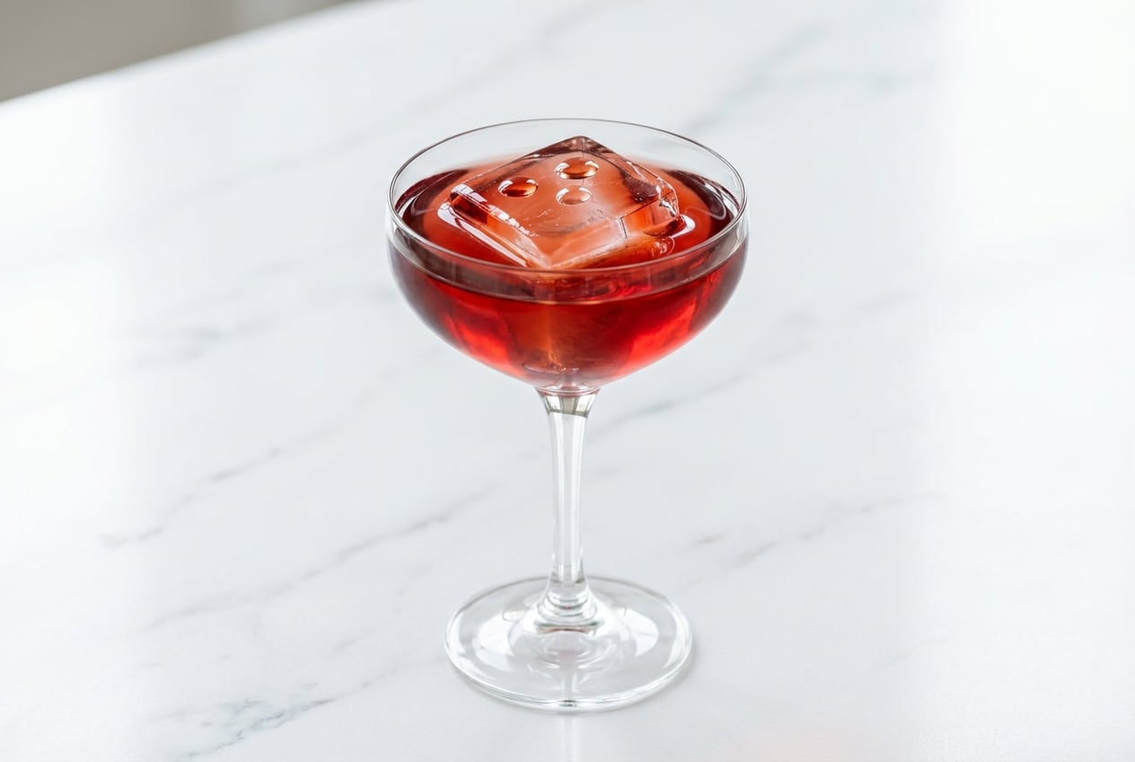 Broken Plane Cocktail served in a coupe glass over a slanted clear ice cube, finished with saline drops.