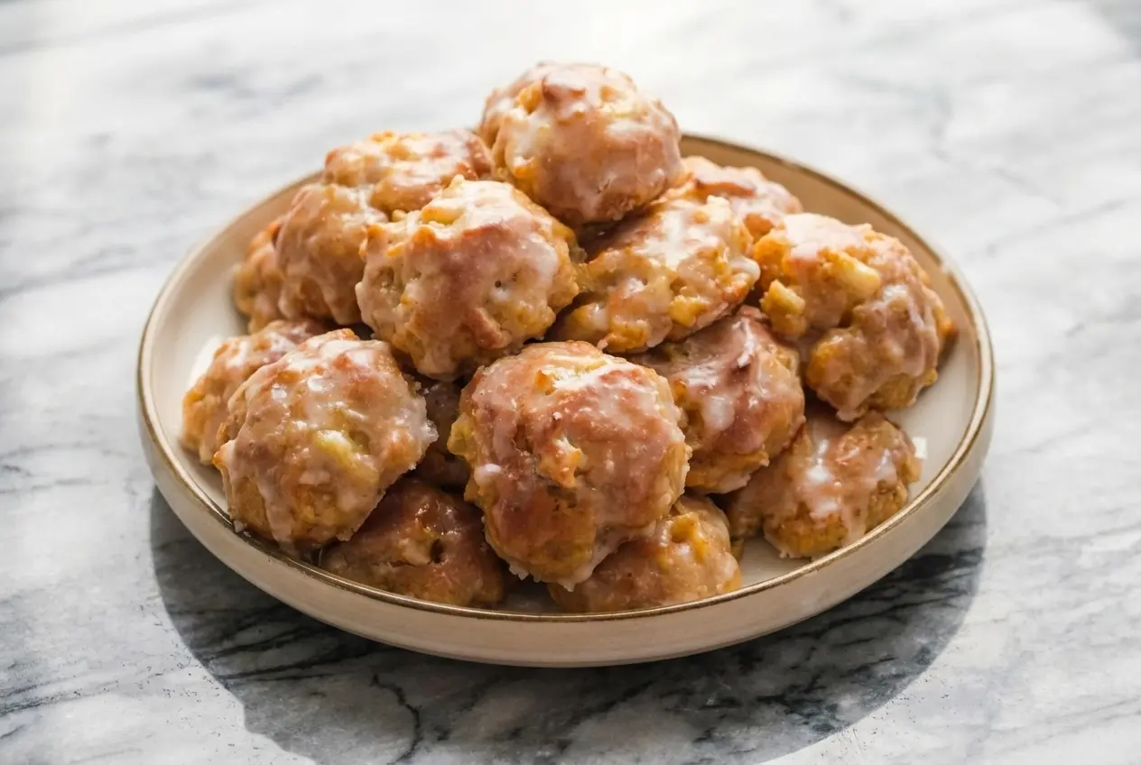 Golden Apple Fritter Bites glazed with cider and infused with rich, nutty brown butter.