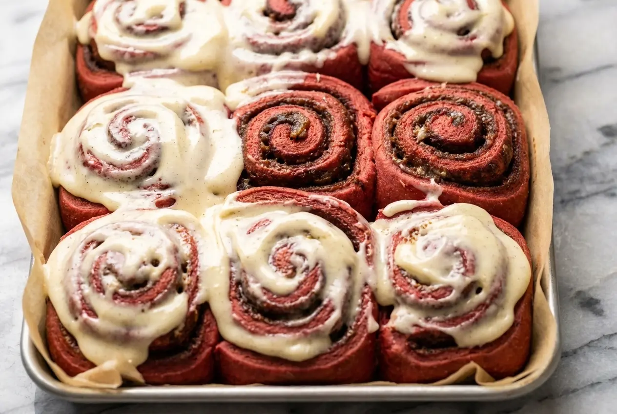 Red Velvet Cinnamon Rolls with a tangy buttermilk and brown butter infusion and thick cream cheese frosting.
