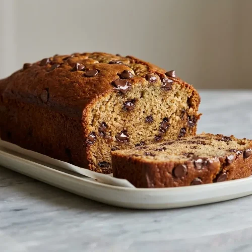 Sliced chocolate chip banana bread showing a rich brown butter crumb and melted dark chocolate.