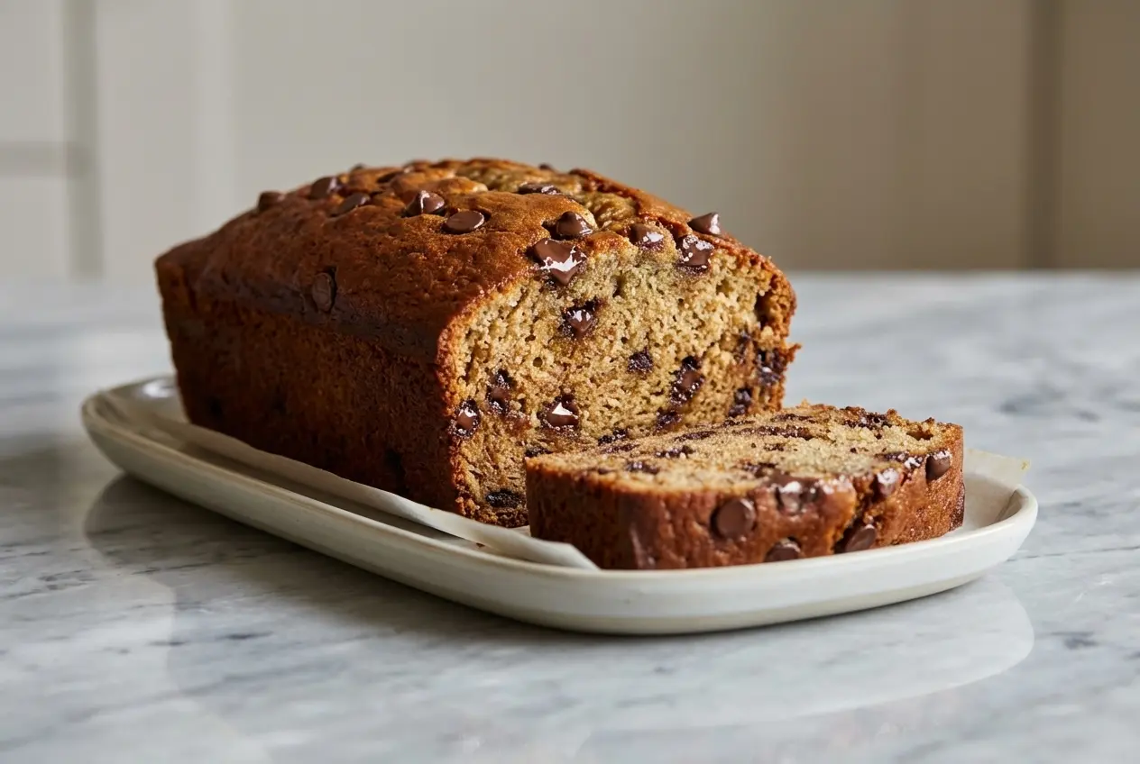 Sliced chocolate chip banana bread showing a rich brown butter crumb and melted dark chocolate.