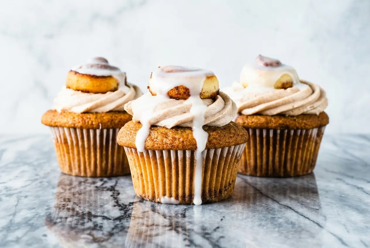 Cinnamon Roll Cupcakes topped with golden brown butter cream cheese frosting and a rich cinnamon swirl.