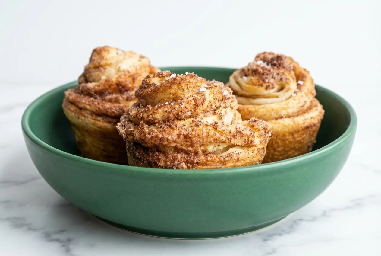 Golden baked Cinnamon Sugar Cruffins brushed with brown butter and coated in a cardamom sea salt spiced sugar blend.