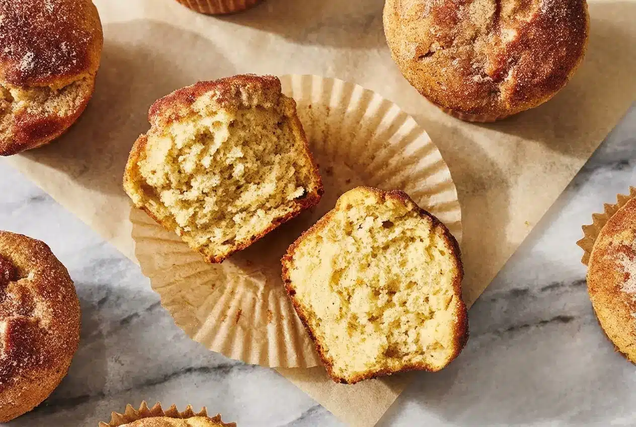 Golden Cinnamon Sugar Donut Muffins coated in rich brown butter and sparkling cinnamon sugar.