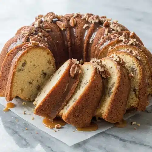 Pecan Sour Cream Pound Cake with a nutty brown butter glaze baked in a golden Bundt pan.