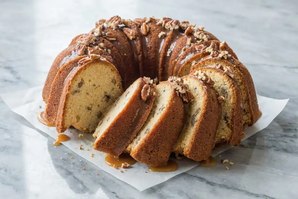 Pecan Sour Cream Pound Cake with a nutty brown butter glaze baked in a golden Bundt pan.