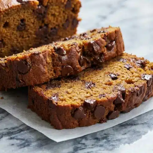 Sliced Brown Butter Pumpkin Bread with a rich Maillard-enhanced malted crust and dark chocolate chips.