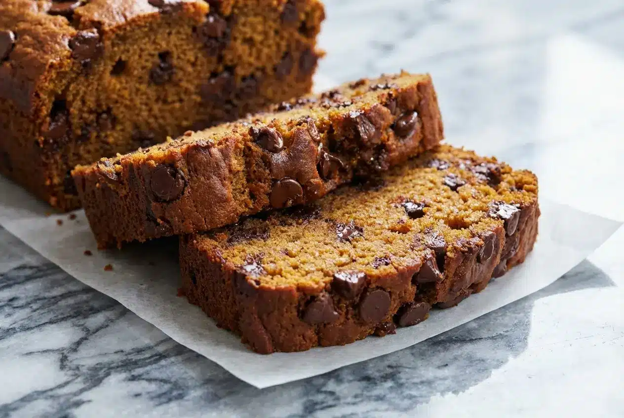 Sliced Brown Butter Pumpkin Bread with a rich Maillard-enhanced malted crust and dark chocolate chips.
