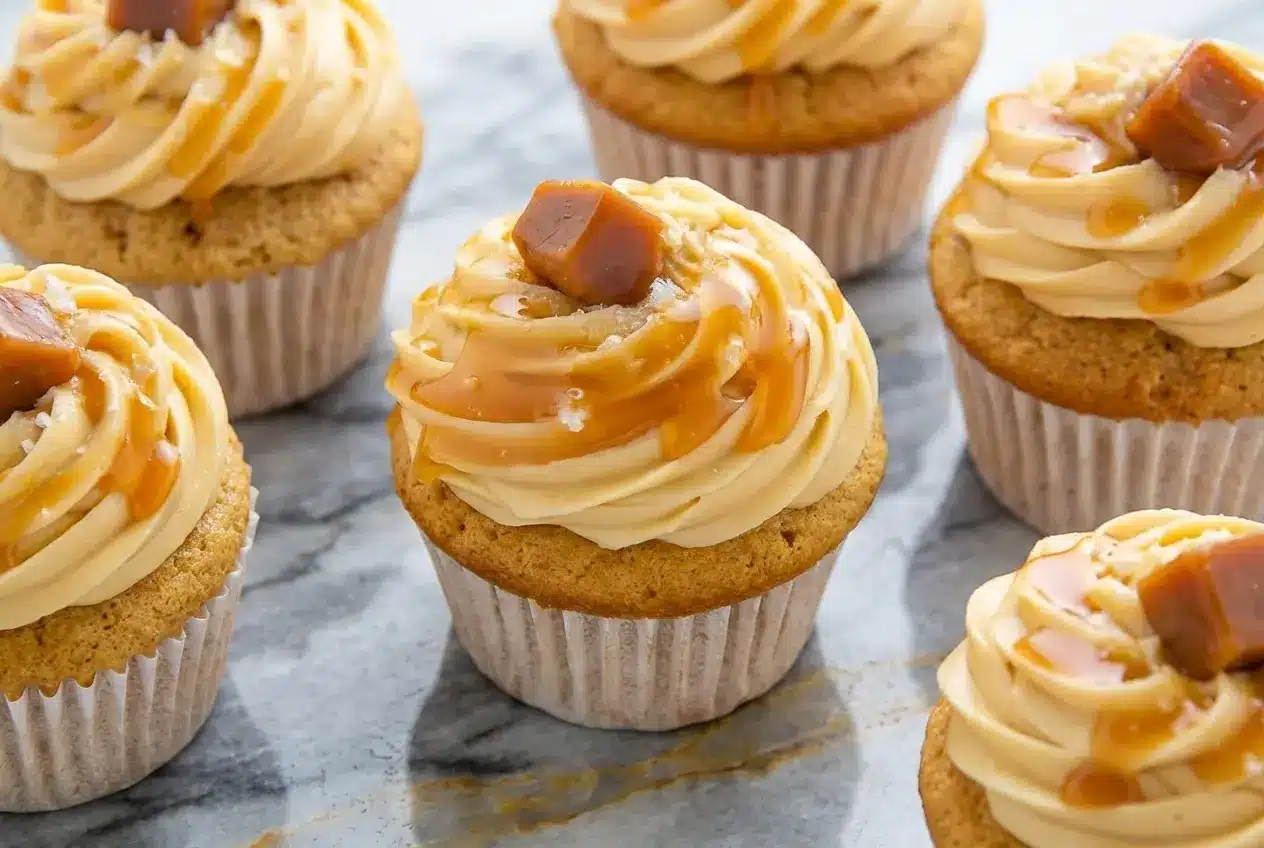 Salted caramel cupcakes with nutty brown butter frosting and a glossy caramel drizzle on a white ceramic plate.