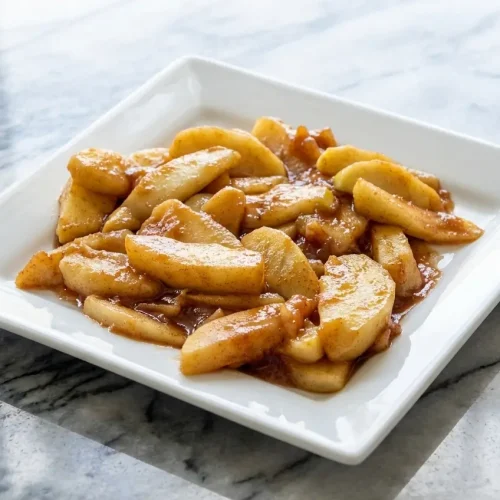 Fork-tender southern fried apples glazed in a nutty brown butter and vanilla sauce in a skillet.