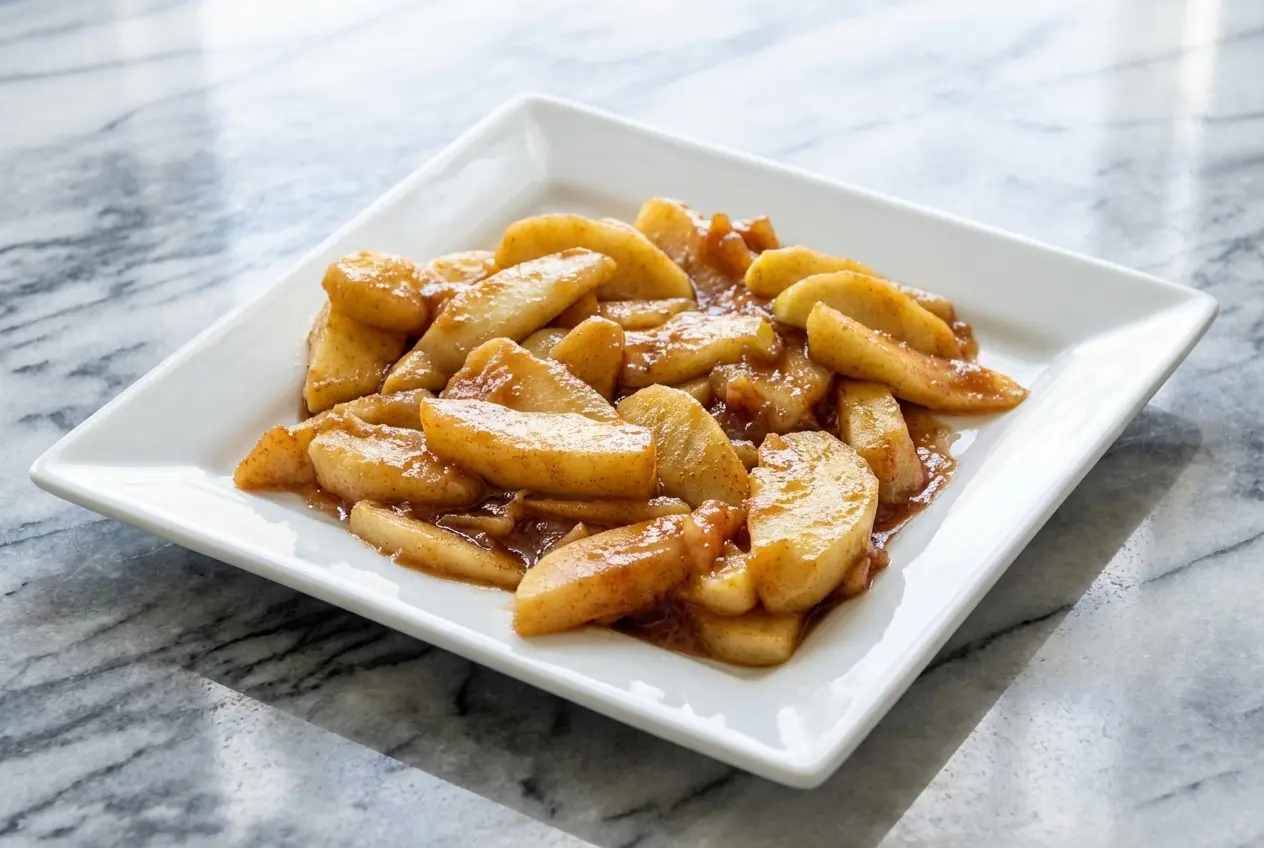 Fork-tender southern fried apples glazed in a nutty brown butter and vanilla sauce in a skillet.