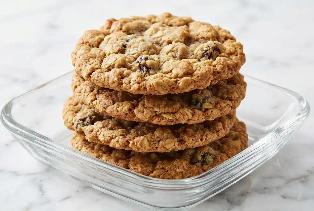 A stack of chewy brown butter and toasted oats cookies on a wire rack for this ultimate Oatmeal Cookies Recipe.