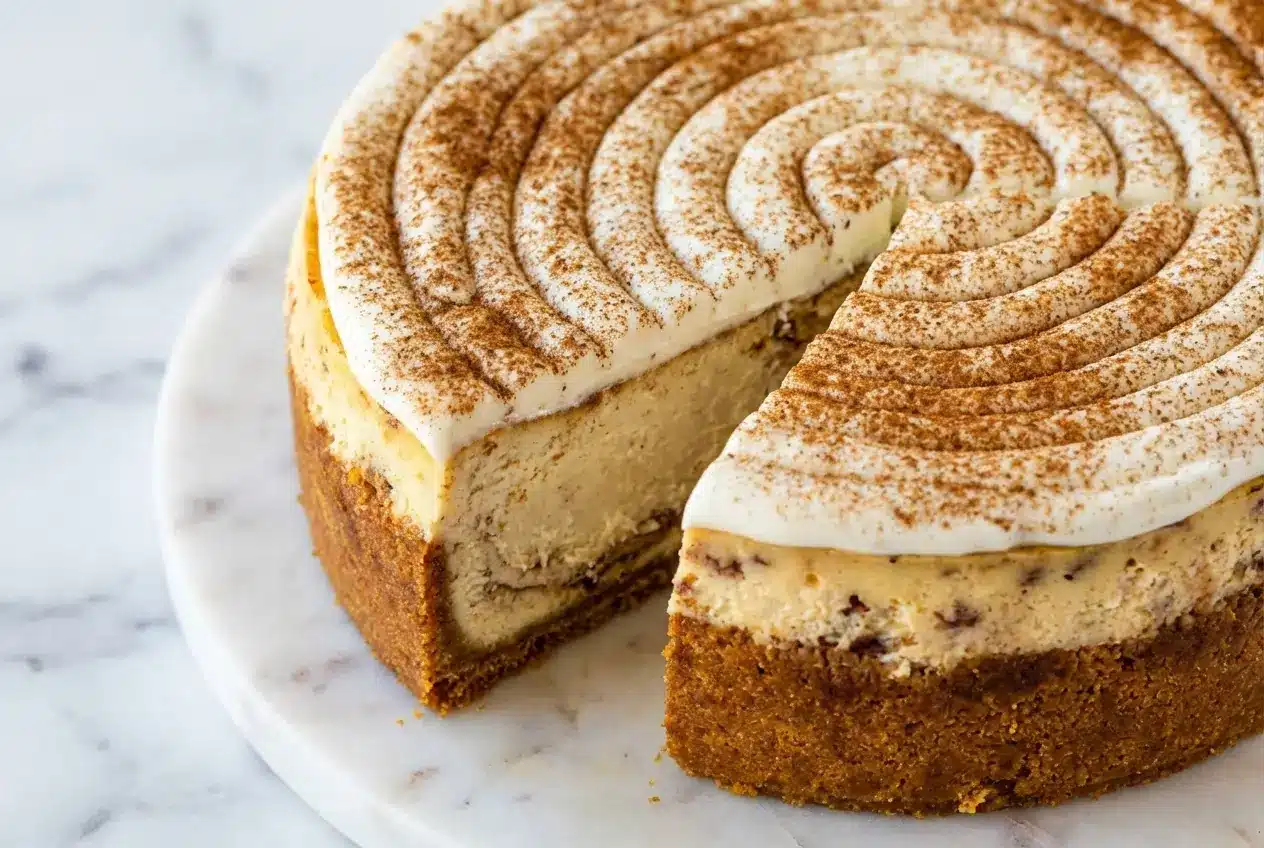 Cinnamon roll cheesecake featuring a nutty browned butter graham cracker crust and fragrant cardamom spiced swirls.