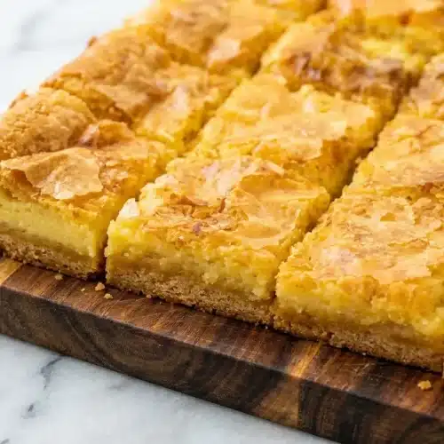 Golden Cream Cheese Squares with a browned butter crust and a sprinkle of flaky sea salt on top.