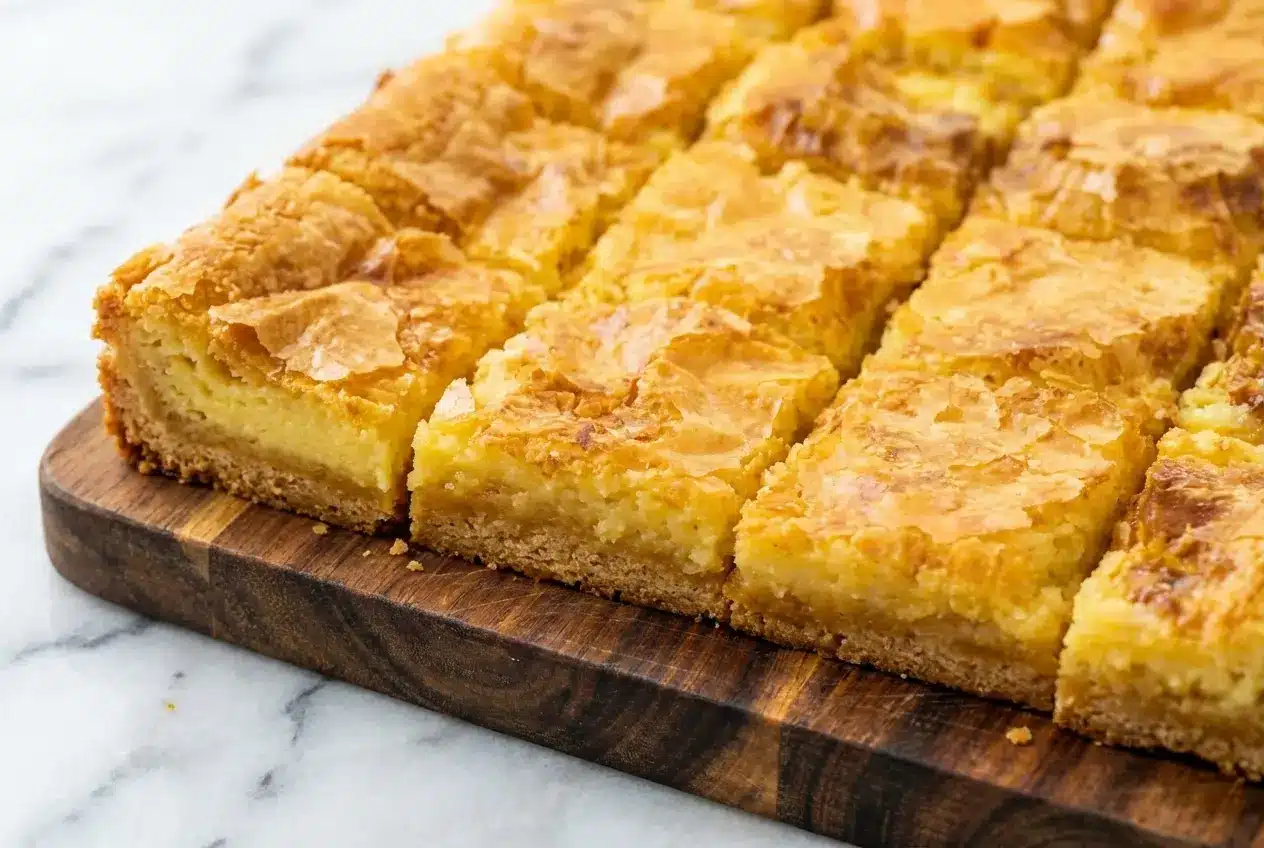 Golden Cream Cheese Squares with a browned butter crust and a sprinkle of flaky sea salt on top.