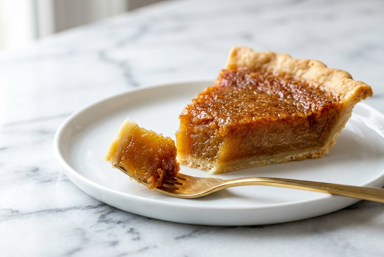 A creamy sliced vinegar pie recipe featuring a golden custard filling made with browned butter and vanilla bean paste.