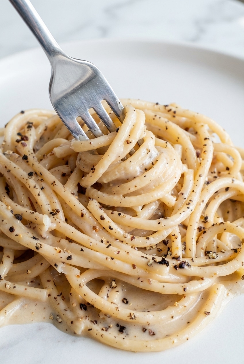 Starchy pasta water emulsifying with cheese for a perfect bucatini cacio e pepe sauce.