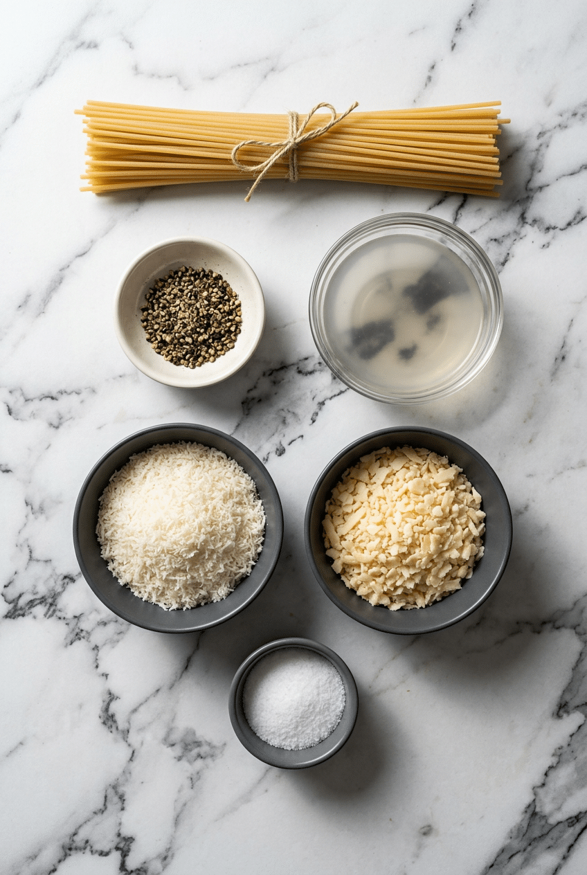 Bucatini, Pecorino Romano, Caciocavallo, and peppercorns for making authentic bucatini cacio e pepe.