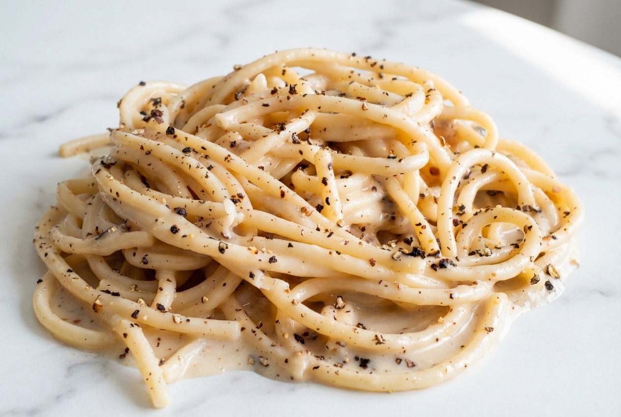 Creamy bucatini cacio e pepe featuring a silky sauce achieved through the hybrid tempering method.
