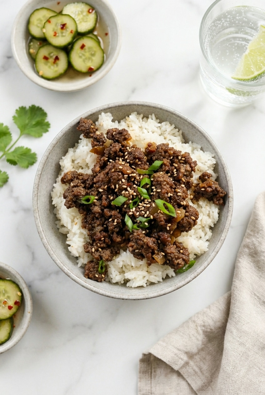 Prepared Ground Beef Bulgogi Bowls in glass containers showing a perfect meal prep setup.