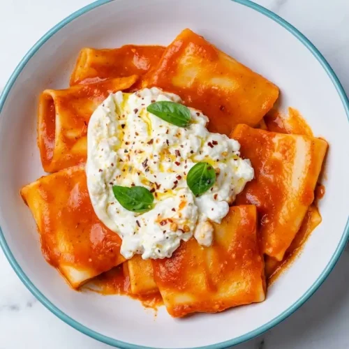 A bowl of this burrata pasta recipe featuring al dente rigatoni topped with creamy cheese and crispy lemon-garlic pangrattato.
