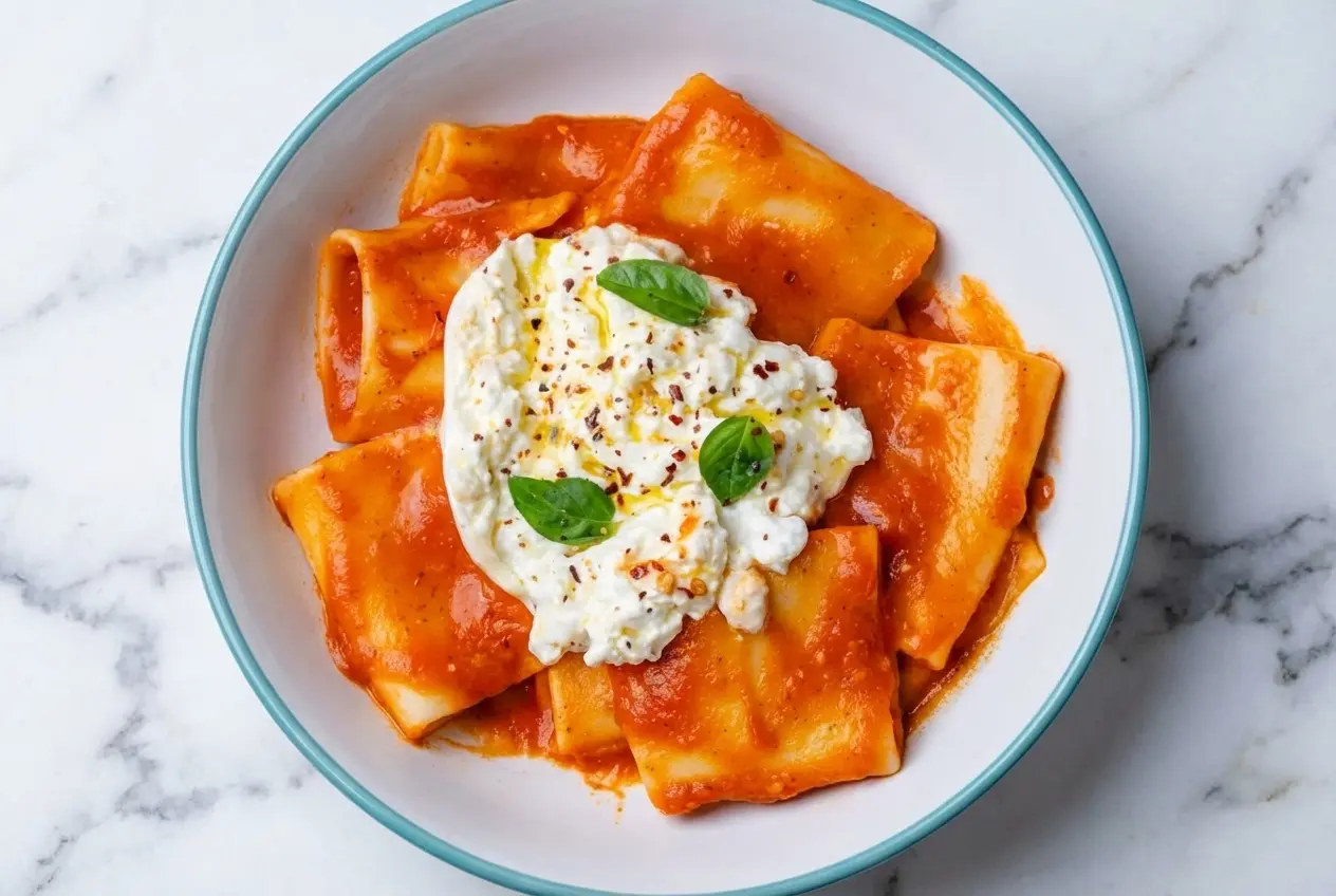 A bowl of this burrata pasta recipe featuring al dente rigatoni topped with creamy cheese and crispy lemon-garlic pangrattato.