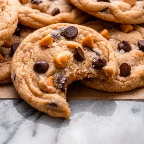 Golden Butterscotch Chocolate Chip Cookies with a hint of toasted malted milk powder and flaky sea salt.