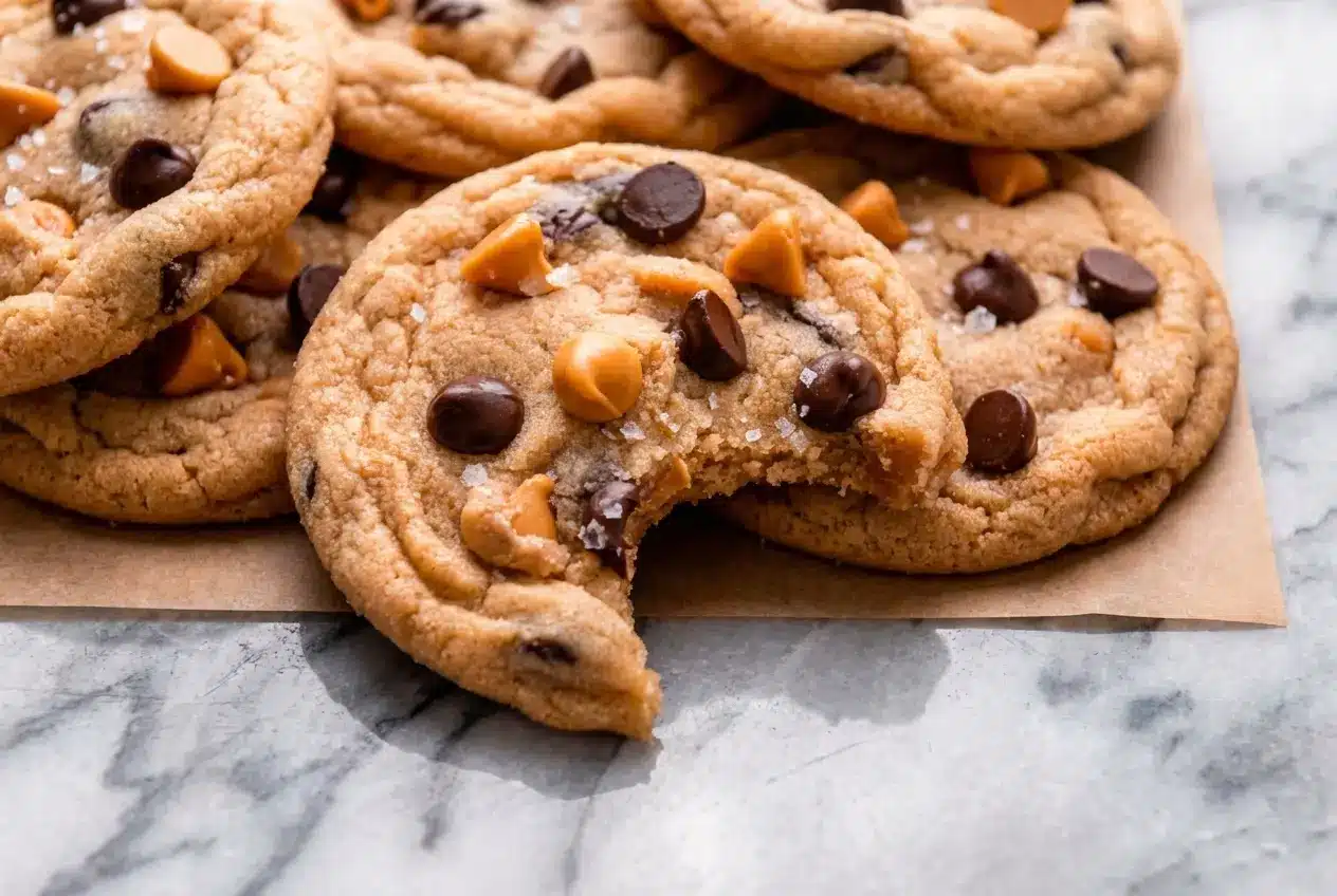 Golden Butterscotch Chocolate Chip Cookies with a hint of toasted malted milk powder and flaky sea salt.