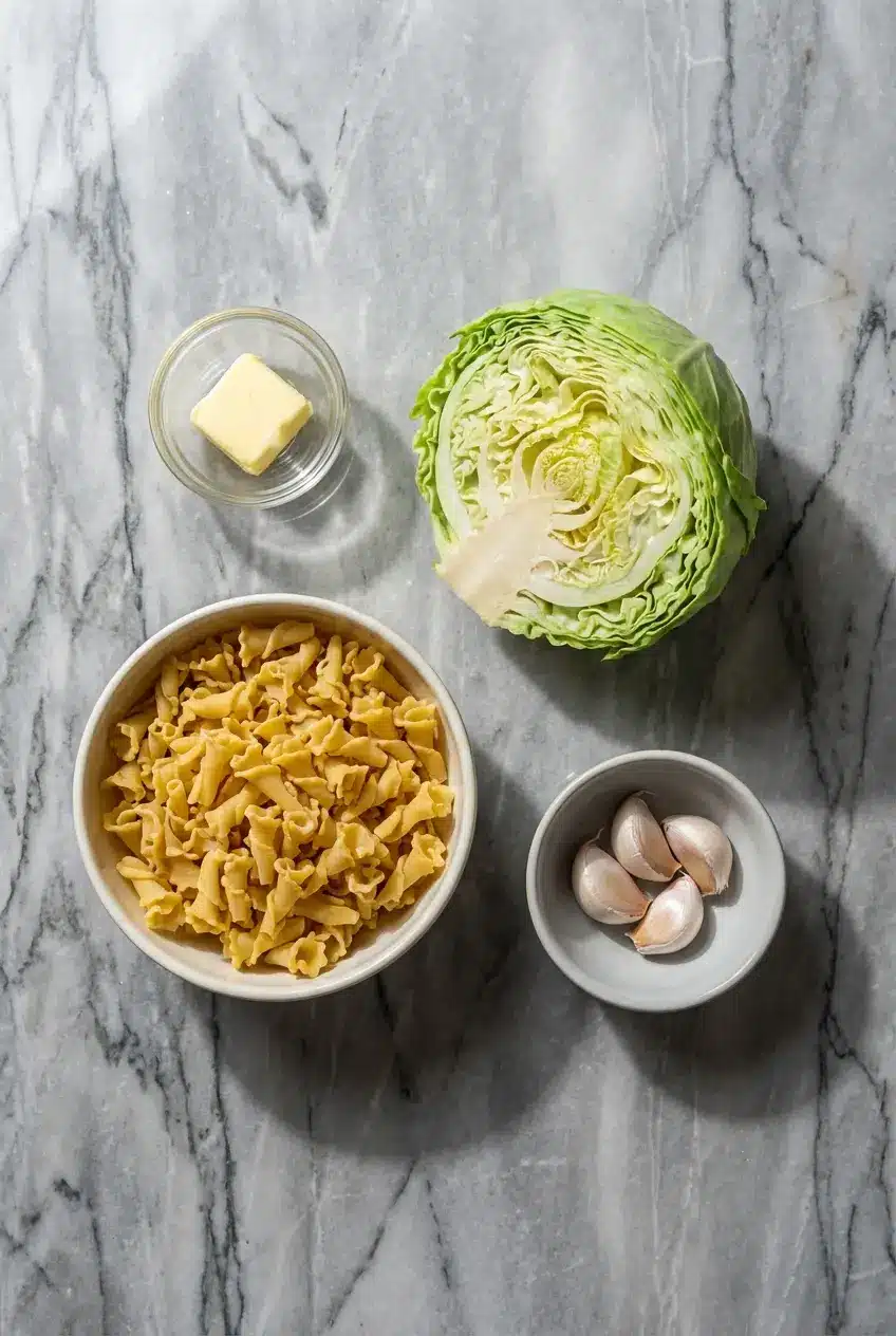 Raw ingredients for cabbage alfredo pasta recipe including green cabbage, campanelle pasta, heavy cream, and unsalted butter.