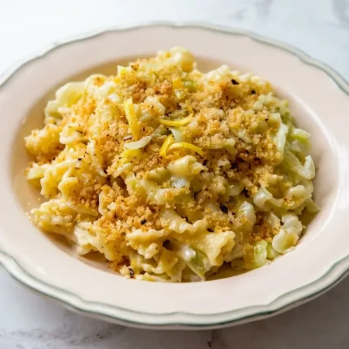 Charred green cabbage alfredo pasta recipe with campanelle, lemon zest cream sauce, and golden spicy breadcrumbs.