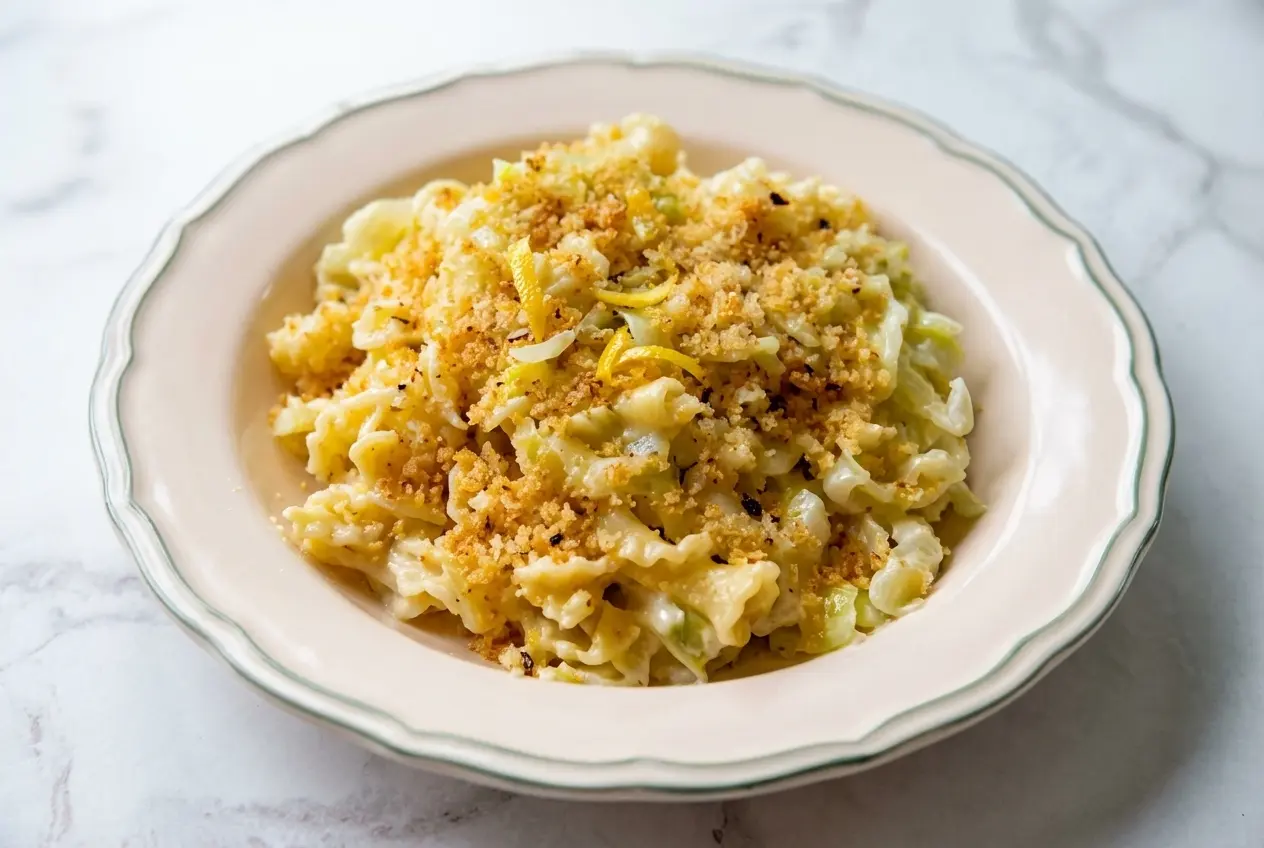 Charred green cabbage alfredo pasta recipe with campanelle, lemon zest cream sauce, and golden spicy breadcrumbs.