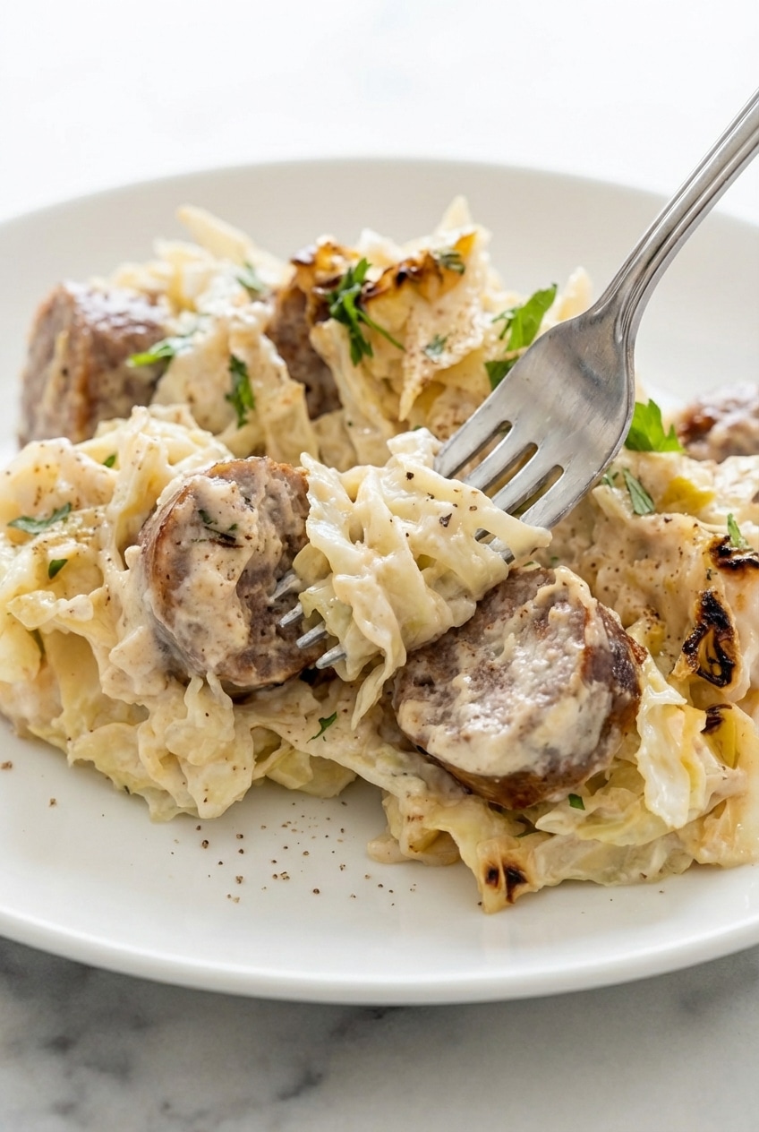 Close-up of caramelized cabbage ribbons showing the Maillard reaction for flavorful Cabbage Alfredo.