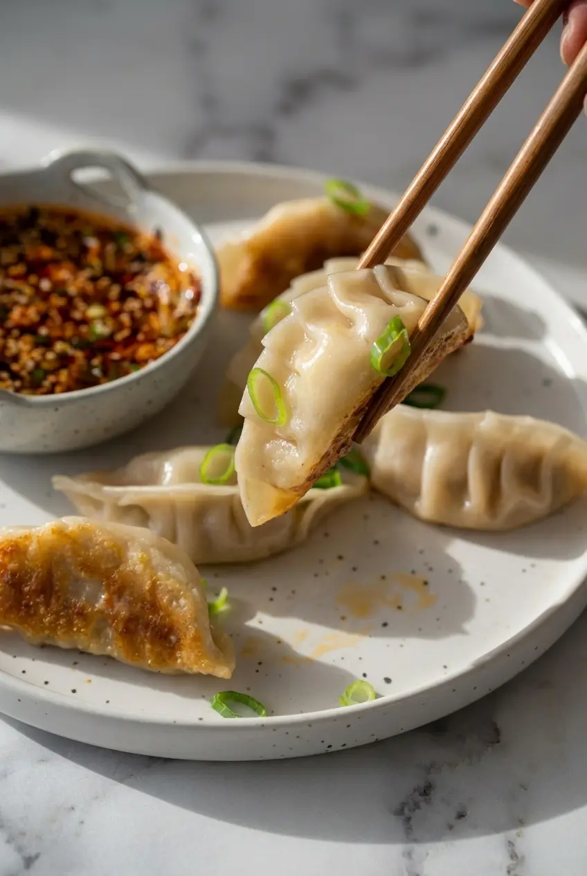 Close-up of a perfectly cooked cabbage dumpling showing the tender pleated wrapper and juicy, broth-filled center.