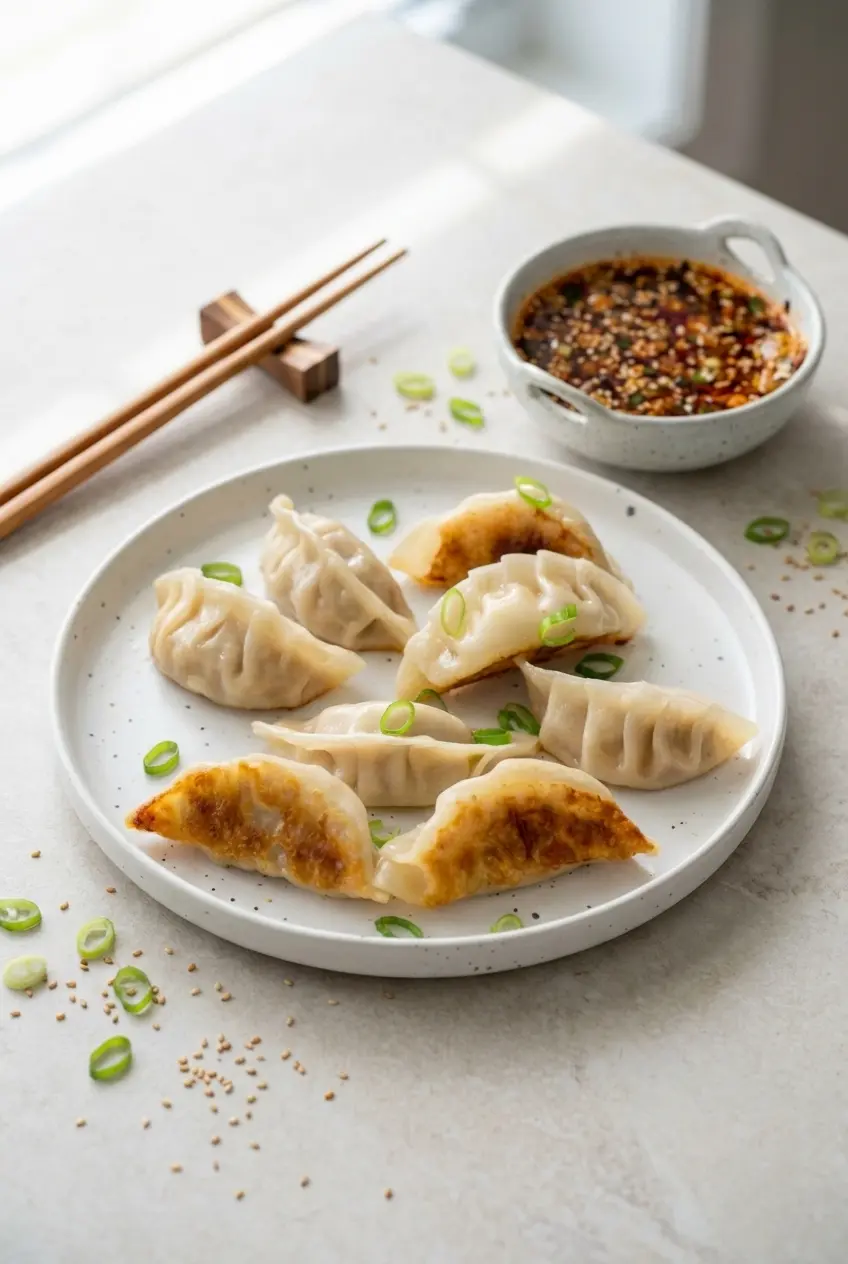 A bamboo steamer filled with fresh cabbage dumplings served alongside a small bowl of tamari dipping sauce.