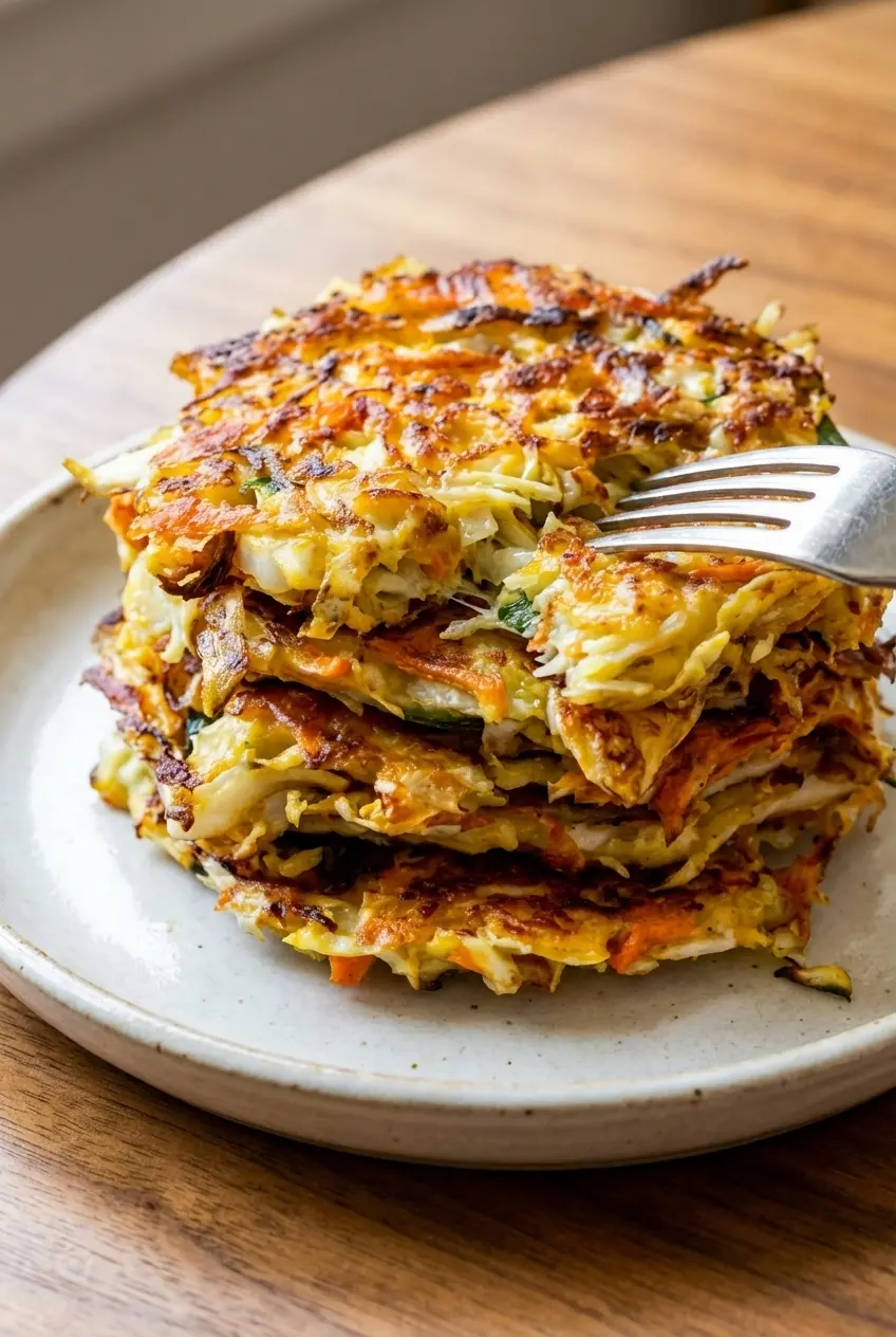 Close-up of the crispy edges on pan-fried Cabbage Fritters showing the golden, crunchy exterior from the cornstarch batter.
