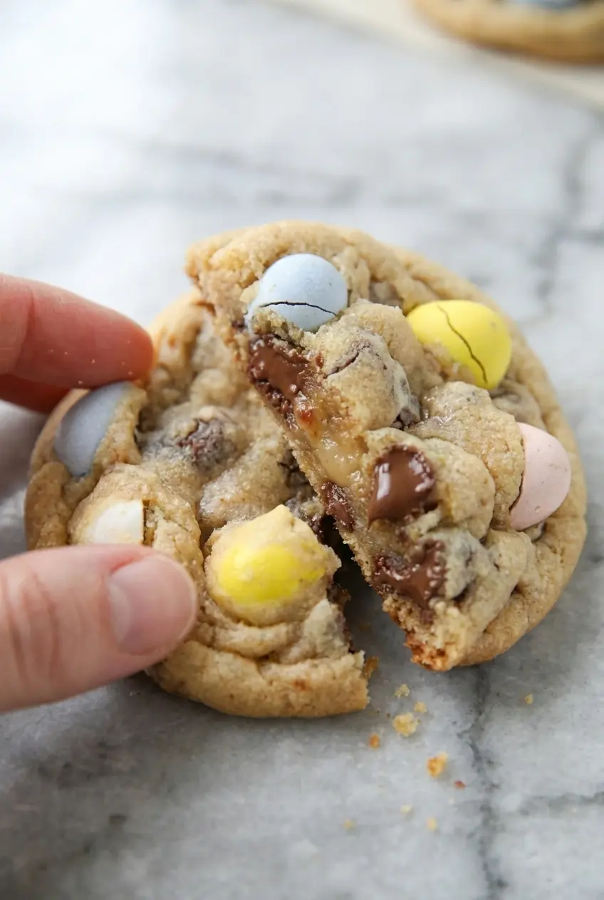 Detailed view of Cadbury Egg Cookies highlighting the colorful, cracked candy shells and soft cookie texture.
